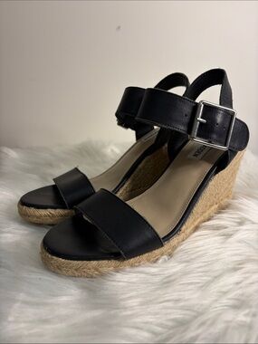 Steve Madden Black Leather Espadrille Wedge Sandals Size 7.5